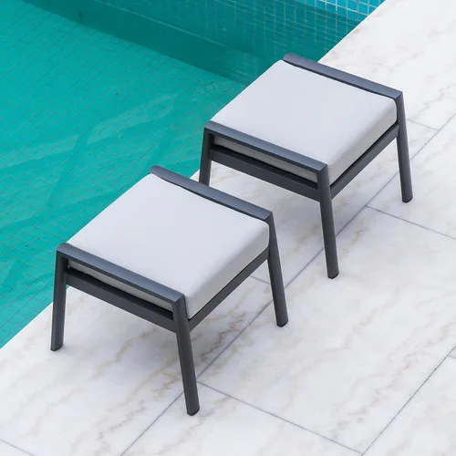 Miniatura 7 de Juego de 2 otomanas para patio al aire libre para exteriores, otomanas y reposapiés de aluminio con cojines grises, marco gris oscuro