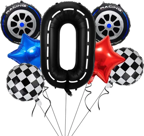 Globos de auto de carreras, decoraciones de cumpleaños de autos, globos de aluminio grandes de 40 pulgadas, globos negros del número 0 para