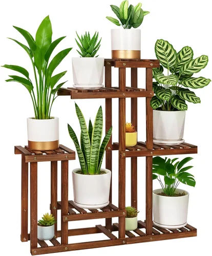 Soporte para plantas de madera carbonizada, estantes de plantas de 6 niveles para interiores, estante de madera estrecho que ahorra espacio para
