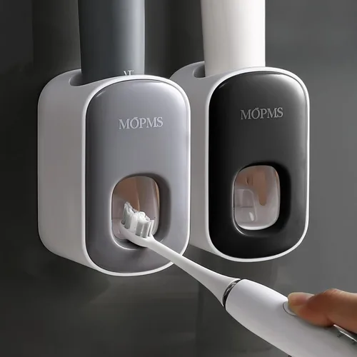MOPMS Dispensador de pasta de dientes montado en pared para baño, exprimidor automático de pasta de dientes para niños y adultos (gris y negro)