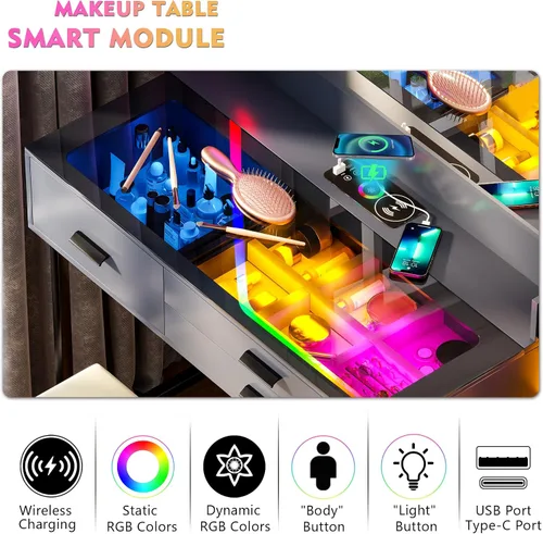 Miniatura 2 de Lvifur RGB Escritorio de Tocador - con Espejo y Luces, Juego de Mesa de Tocador con 7 Luces Dinámicas y 24 Estáticas Atenuables con Estación