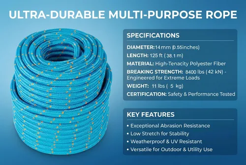 Miniatura 5 de Zeluga 15-135 - Cuerda estática de arbolista doble trenzada – 0.55 pulgadas x 125 pies, resistencia a la rotura de 8400 libras – Cuerda de escalada