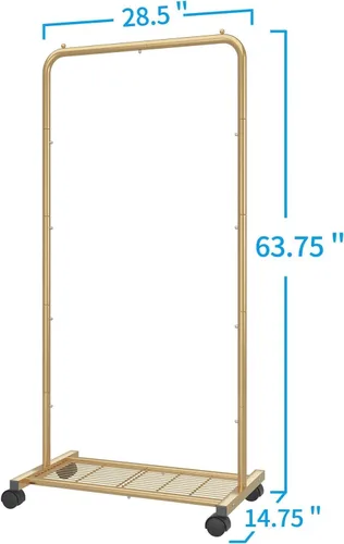 Miniatura 8 de Simple Trending - Perchero estándar para ropa con ruedas y estante de almacenamiento de malla en color amarillo dorado