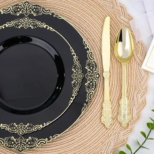 Miniatura 3 de Realluck 350 piezas platos de plástico negro y dorado, juego de vajilla de plástico para 50 invitados, 100 platos desechables, 150 cubiertos, 50