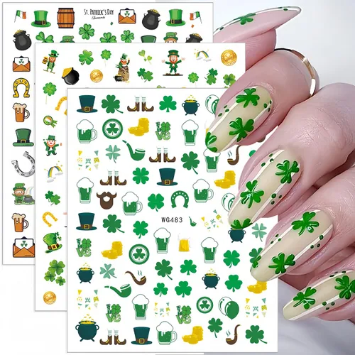 Miniatura 6 de 7 hojas de calcomanías de uñas del día de San Patricio para arte de uñas, calcomanías autoadhesivas 3D de trébol verde, diseño de uñas irlandesas