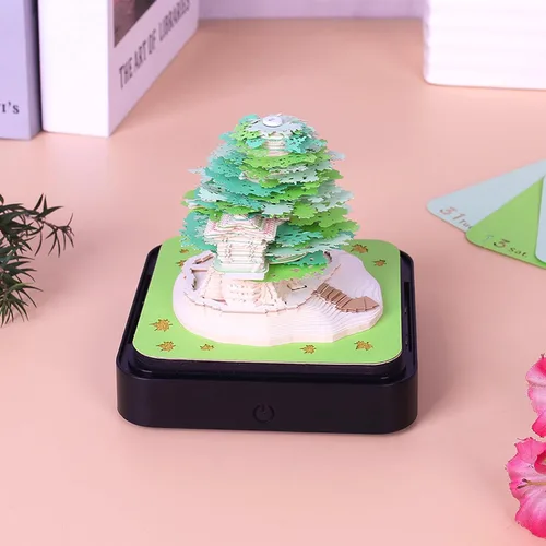 Miniatura 2 de Calendario de piezas de tiempo 3D, bloc de notas 2026, arte de papel 3D, casa de árbol verde, calendario de escritorio creativo, bloc de notas