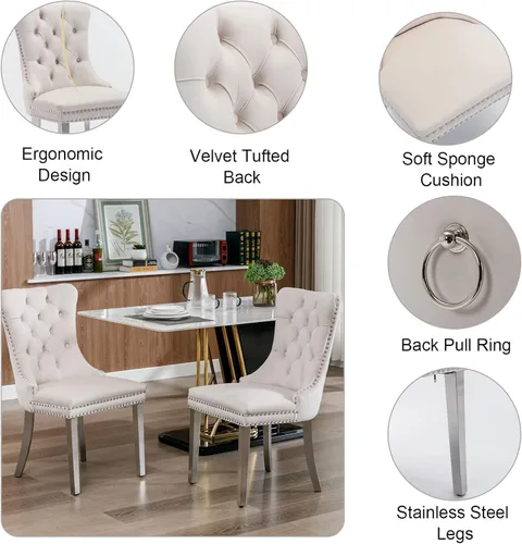Miniatura 8 de Moderno juego de mesa de comedor de mármol sintético de 68.11 pulgadas para 6, mesa de comedor de mármol blanco y plateado con 6 sillas de Blanco