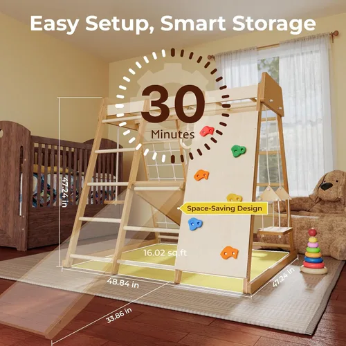 Miniatura 5 de LINKHOO Gimnasio grande de madera para interiores de la selva para niños de 2 a 6 años, juego de escalador Montessori con tobogán, red de escalada