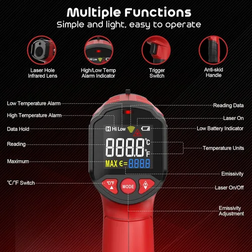 Miniatura 2 de Pistola Termómetro Infrarrojo, Pistola Termómetro Láser SQECH -58℉～1112℉(-50℃～600℃), Pistola de Temperatura Sin Contacto con Emisividad Ajustable