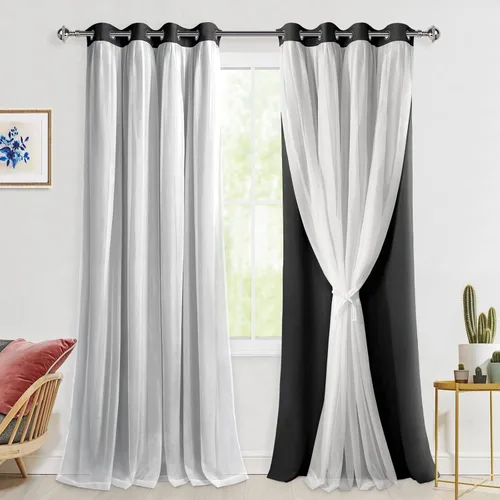 Miniatura 74 de Hiasan Cortinas opacas con superposición transparente, aislamiento térmico para mezclar y combinar de doble capa, cortinas de oscurecimiento de Beige
