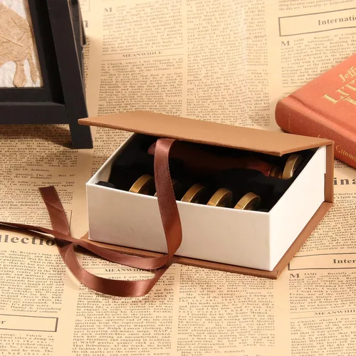Miniatura 3 de Juego de 6 piezas de sello de cera de madera con cabeza de latón extraíble + 2 asas de madera + caja de cofre del tesoro de madera y cuero