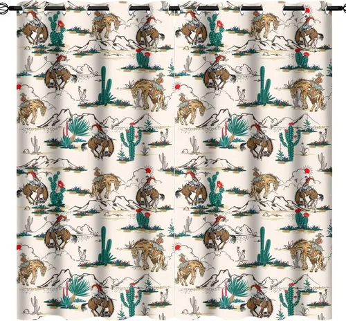 Miniatura 34 de Cortinas opacas retro de vaquero occidental para dormitorio, estilo rústico, cactus, salvaje oeste, vaquero, paseo, caballo, con ojales, aislamiento