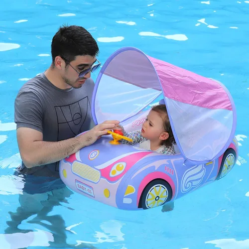 Miniatura 6 de Toddler Pool Float Inflatable Car Baby Swim Float with Adjustable Sun Canopy and Safety Seat Pool Toys for Kids 3+ Years Old