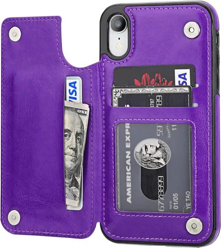 Miniatura 8 de ONETOP OT - Funda tipo cartera para iPhone XR con tarjetero, piel sintética de alta calidad, ranuras para tarjetas, doble cierre magnético y funda