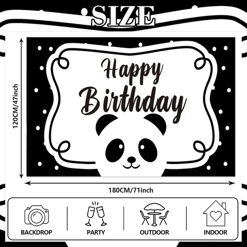Miniatura 2 de Cartel de feliz cumpleaños de panda lindo telón de fondo blanco y negro oso animales zoológico decoración temática decoración para fiesta