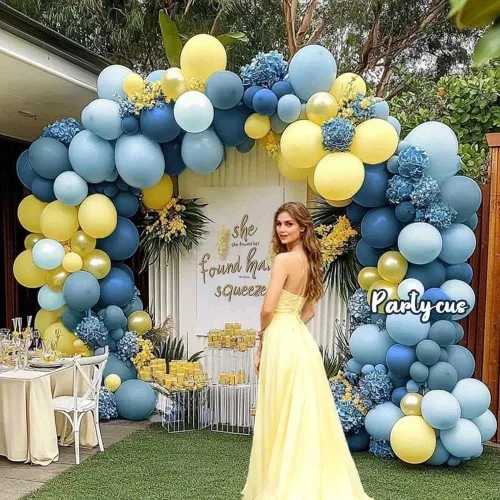 Miniatura 7 de Kit de arco de globos azul polvoriento, amarillo, doble relleno, azul pastel oscuro, amarillo claro, guirnalda de globos de perlas para cumpleaños