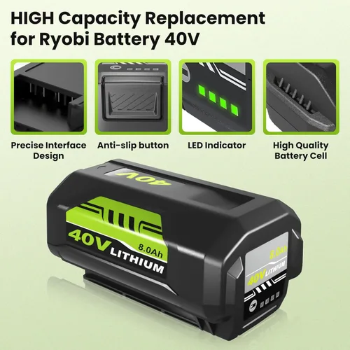 Miniatura 3 de Paquete de 2 baterías de repuesto de 8000 mAh OP4040 para batería Ryobi de 40 V compatible con batería de litio Ryobi de 40 V OP4050A OP40602