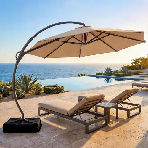 LAUSAINT HOME Sombrilla de Patio Exterior con Base Incluida, Sombrilla Cantilever Curva Deluxe de 11 Pies de Servicio Pesado, Sombrilla Colgante