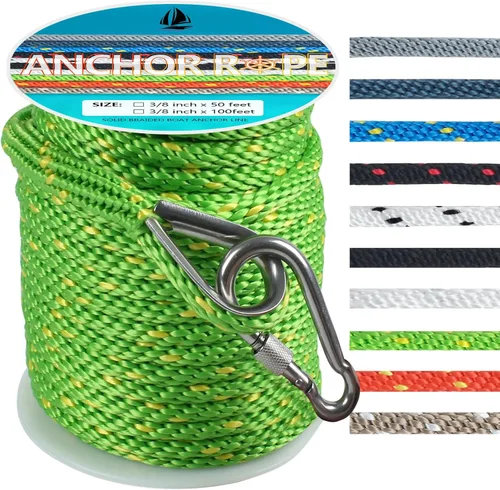 Miniatura 38 de Cuerda de anclaje de 3/8 de pulgada y 100 pies, cuerda de anclaje para barco, trenza sólida MFP, línea de anclaje con dedal de acero inoxidable 316