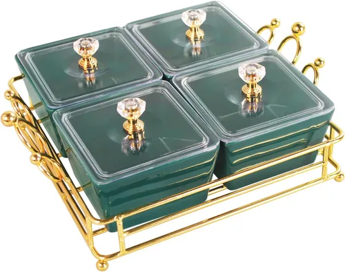 Miniatura 9 de YA JU Cuencos de cerámica y con tapa, bandejas doradas, 6 cuencos pequeños extraíbles, bandejas para condimentos, juego de frutos secos, para Blanco