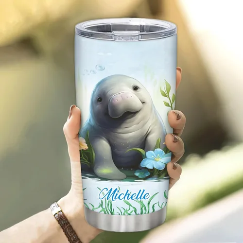 Miniatura 3 de Hyturtle Regalos personalizados para amantes de los manatíes, vaso de acero inoxidable con nombre personalizado de 20 onzas con tapa, idea de lindos