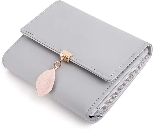 Miniatura 19 de UTO - Cartera pequeña RFID de piel sintética con dije de hoja, cierre de cremallera y tarjetero.
