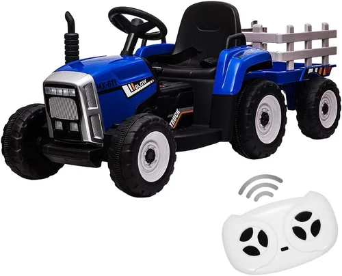 Tractor de paseo para niños de 12V Nasitip con remolque y control remoto, coche eléctrico a batería para niños pequeños con arranque lento, 7 faros