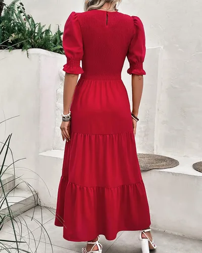 Miniatura 57 de BTFBM Vestidos para mujer, cuello redondo, casual, de verano, con volantes, manga corta, bohemio, con niveles, fruncido, largo, con estampado floral