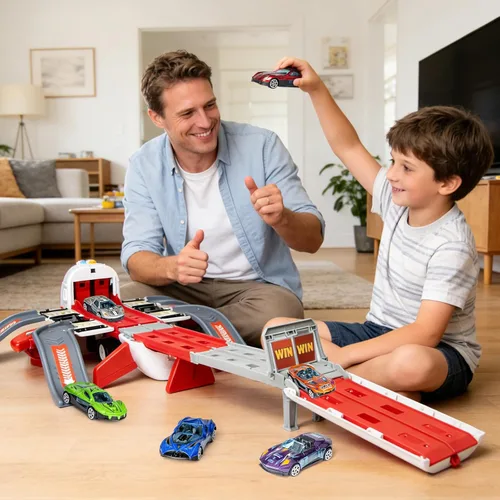 Miniatura 4 de Juguete de avión con pista de carreras plegable de 4 capas, avión de transporte con 6 autos de carreras, luces LED y sonidos, juguetes para niños