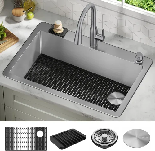 Miniatura 17 de DELTA FAUCET Delta Lenta 953034-24SL-SS - Fregadero de cocina de acero inoxidable calibre 16 de 24 pulgadas con accesorios, color satinado