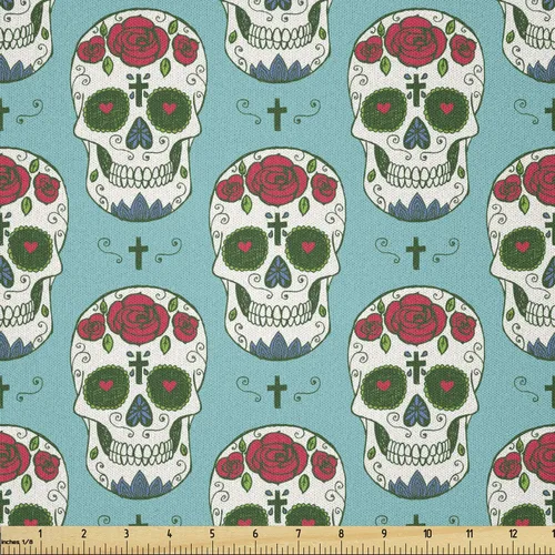 Miniatura 69 de Ambesonne The Yard, tela de calavera colorida con temática de Halloween, diseño de calavera y huesos cruzados, divertido estampado de dibujos