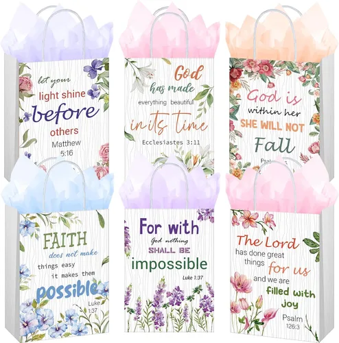 Yeaqee 24 bolsas de regalo religiosas cristianas a granel con asas, 6 estilos reutilizables, flores religiosas, bautismo religioso, versículo
