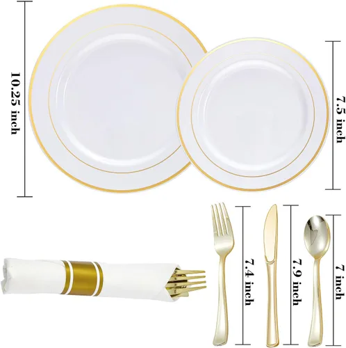 Miniatura 2 de Platos de plástico dorado y cubiertos desechables con servilletas enrolladas, vajilla resistente para fiestas en casa, incluye platos llanos