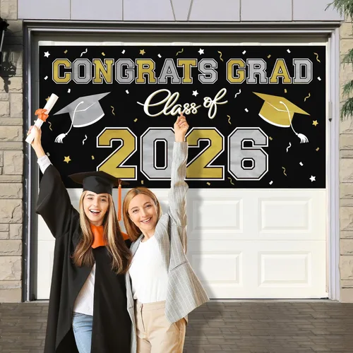 Miniatura 4 de Telón de fondo de plástico para fiesta de graduación 2026, 65 x 32.7 pulgadas, pancarta de felicitaciones graduadas en negro, decoraciones de clase