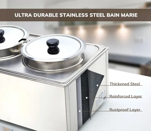 Miniatura 4 de SYBO Mesa de vapor de acero inoxidable de grado comercial Bain Marie Buffet Calentador de alimentos para catering y restaurantes (2 ollas redondas)