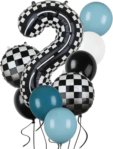 Miniatura 8 de Paquete de globos de auto de carreras azul y negro de 40 pulgadas, globo de números a cuadros 2 en blanco y negro, globos de látex para niños, dos