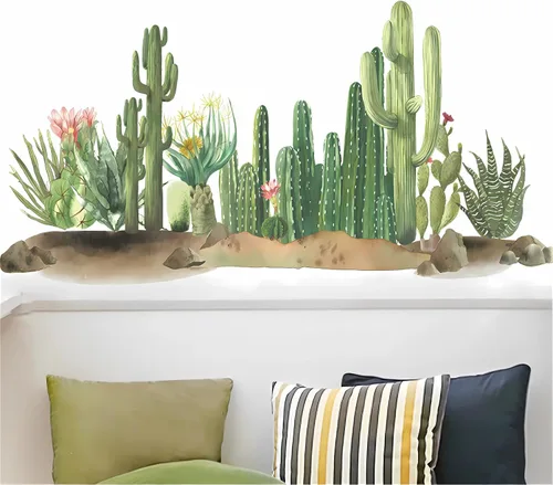 Miniatura 4 de Calcomanías de pared de vegetación verde de cactus, dunas de arena tropical, calcomanías de pared de plantas verdes, vinilo extraíble para sala