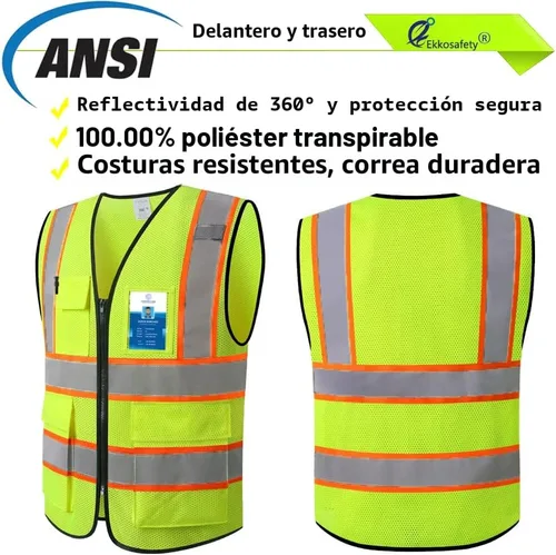 Miniatura 4 de Chaleco de seguridad de malla reflectante para hombres y mujeres con 5 bolsillos y cremallera frontal, chaleco de malla de alta visibilidad Hi Vis