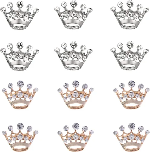 Broche de corona de tiara, 12 piezas, adornos de cristal de diamantes de imitación plateados y dorados, vintage, elegante, decorativo, para bodas,