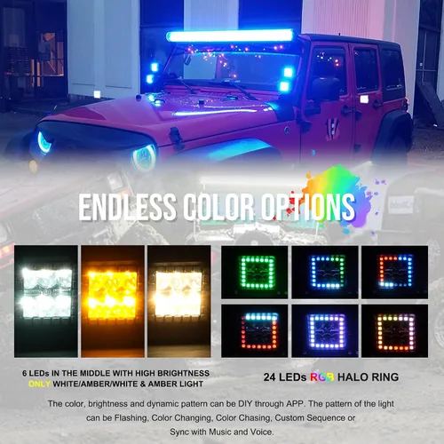 Miniatura 4 de ASLONG 4 Piezas Cubos LED 3X3 Blanco/Ámbar Pods Estroboscópicos de Inundación Trabajo con Halo RGB Chaser 16 Colores Sólidos Más de 92 Modos