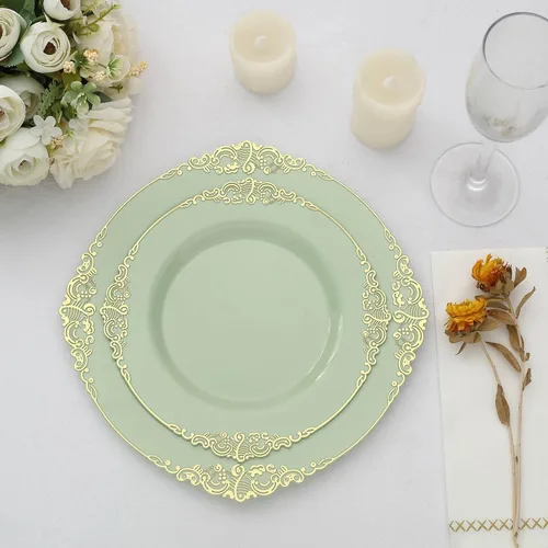 Miniatura 16 de Tableclothsfactory Paquete de 10 platos redondos de plástico barroco dorado de 8 pulgadas para ensalada de postre, vajilla desechable con borde