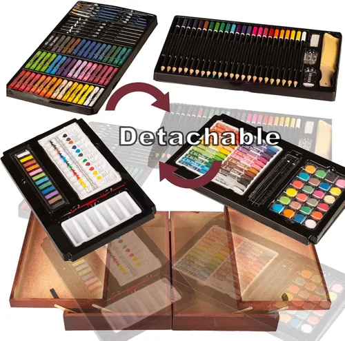 Miniatura 5 de KINSPORY Juego de 168 piezas de suministros de arte, set de arte de madera de lujo, kit de dibujo, pintura y colorear, 3 paquetes de blocs de Beige