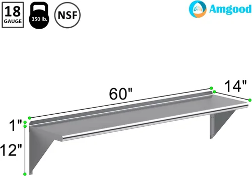 Miniatura 3 de AmGood Estante de pared de acero inoxidable de 60 pulgadas de largo x 14 pulgadas de profundidad Certificado NSF Estantería de metal