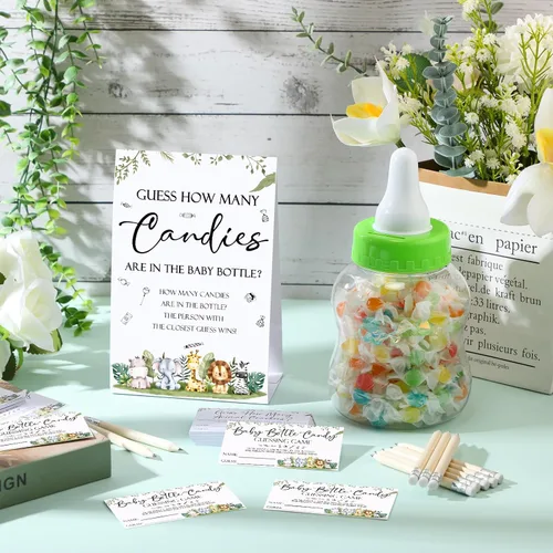 Miniatura 4 de Roowest 62 piezas de Baby Shower Games Guess How Many Candies Are in the Jar Signal, 50 pequeños juegos de adivinanzas, 10 lápices HB y botella