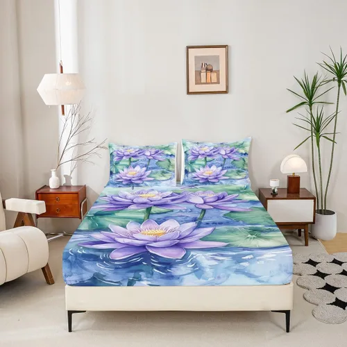 Miniatura 5 de Manfei Sábana bajera ajustable de flor de loto morado, tamaño individual, juego de ropa de cama bohemio de libélula de 2 piezas para niños, niñas