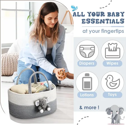 Miniatura 4 de FoldTier Organizador de pañales de elefante, carrito de almacenamiento para guardería, con asa, cesta de baby shower, regalo de baño de bebé