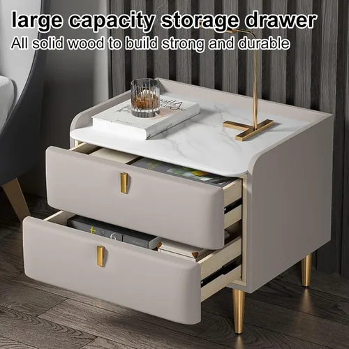 Miniatura 5 de WOLWES Mesita de noche, mesa auxiliar con almacenamiento, mesita de noche de madera maciza con 2 cajones, parte superior de mármol sintético