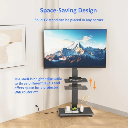 Miniatura 6 de Soporte de TV móvil con ruedas y toma de corriente, carrito de TV para televisores de 32 a 75 pulgadas hasta 110 libras, 18 alturas ajustables, Max