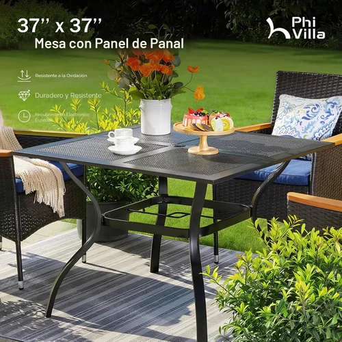 Miniatura 5 de PHI VILLA - Mesa de comedor al aire libre de 37 pulgadas, mesa de patio con malla de acero de metal, mesa de comedor con orificio para paraguas
