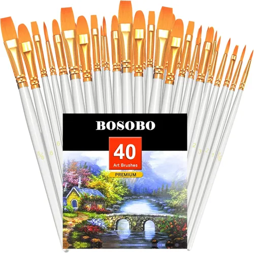 Miniatura 28 de BOSOBO Juego de 6 pinceles de pintura, 60 pinceles de punta redonda puntiaguda, pinceles de nailon para artistas del cabello acrílicos para aceite